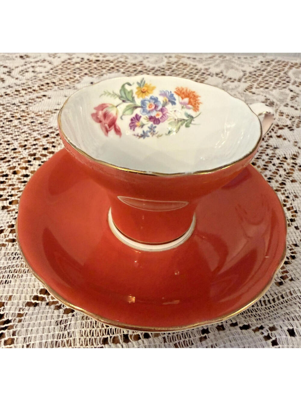 Vintage Aynsley Bone China Cup & Saucer Coral Red with Floral Interior  England